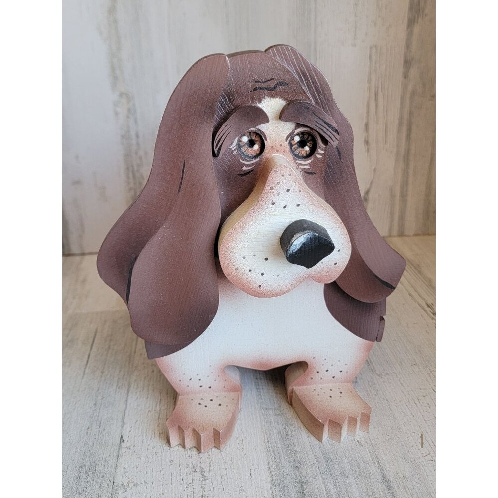 Vintage wooden basset hound dog planter holder Xmas home decor unique